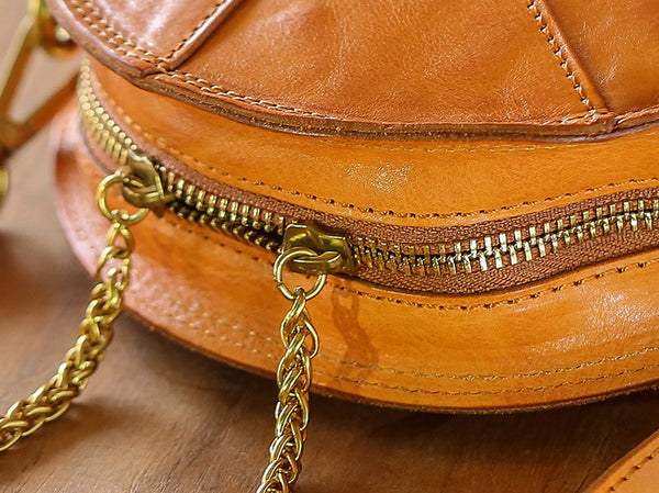 Cute Womens Leather Circle Bag Brown Leather Crossbody Bag With Chain Handle Details