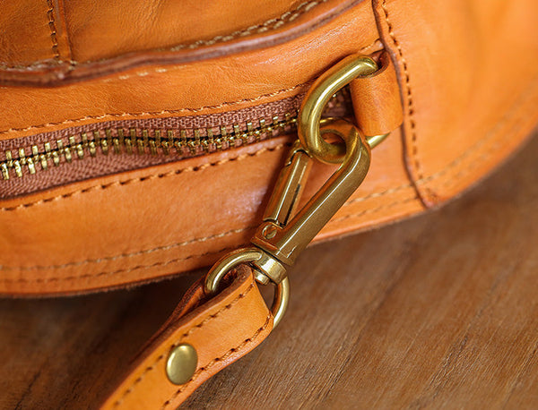 Cute Womens Leather Circle Bag Brown Leather Crossbody Bag With Chain Handle Durable