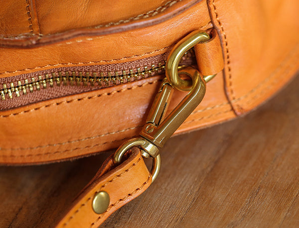 Cute Womens Leather Circle Bag Brown Leather Crossbody Bag With Chain Handle Durable