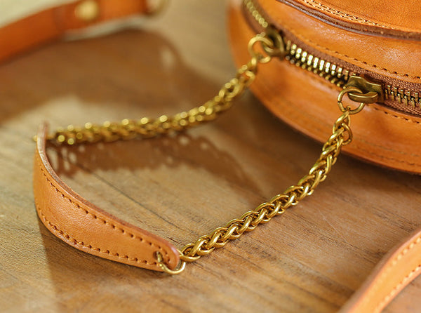 Cute Womens Leather Circle Bag Brown Leather Crossbody Bag With Chain Handle Funky