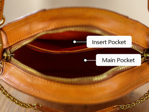 Cute Womens Leather Circle Bag Brown Leather Crossbody Bag With Chain Handle Inside