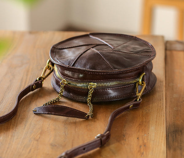 Cute Womens Leather Circle Bag Brown Leather Crossbody Bag With Chain Handle Small