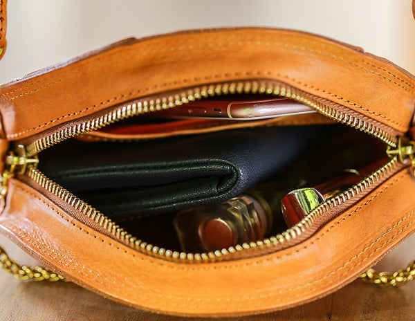 Cute Womens Leather Circle Bag Brown Leather Crossbody Bag With Chain Handle Vintage