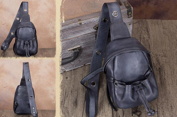 Small Womens Black Leather Chest Bag Crossbody Sling Bag For Women