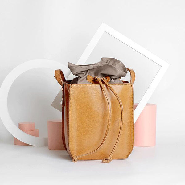 "Cute Womens Leather Crossbody Drawstring Bucket Bag Cross Shoulder Bag For Women  Affordable"