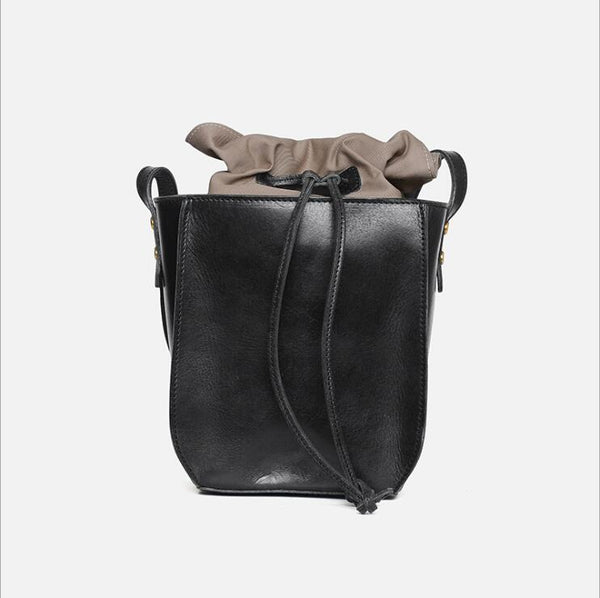 "Cute Womens Leather Crossbody Drawstring Bucket Bag Cross Shoulder Bag For Women  Black"
