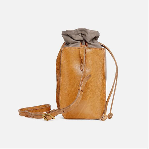 "Cute Womens Leather Crossbody Drawstring Bucket Bag Cross Shoulder Bag For Women  Brown"