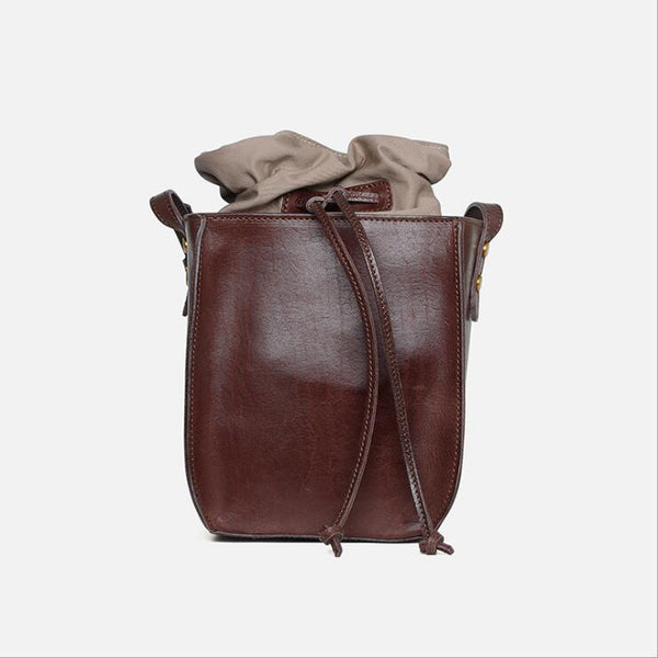 "Cute Womens Leather Crossbody Drawstring Bucket Bag Cross Shoulder Bag For Women  Cowhide"