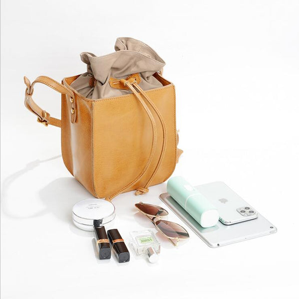 "Cute Womens Leather Crossbody Drawstring Bucket Bag Cross Shoulder Bag For Women  Genuine Leather"