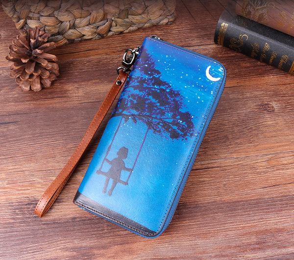 Designer Ladies Genuine Leather Wristlet Wallet With Double Color Zip Around Wallet for Women Cool