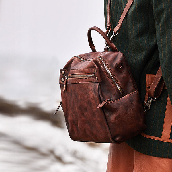 Designer Womens Tan Leather Backpack Purse Trendy Backpacks for Women cool