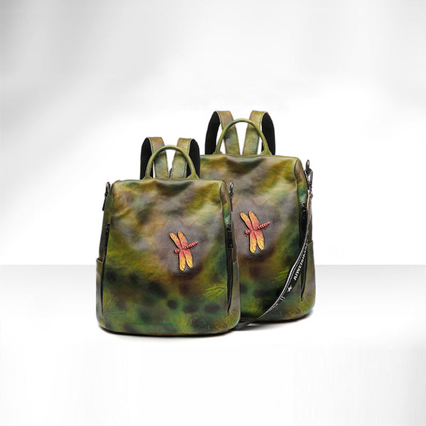 Elegant Womens Green Leather Backpack Bag Dragonfly Purse for Women Affordable