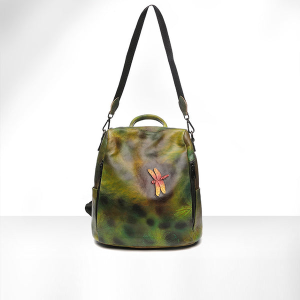 Elegant Womens Green Leather Backpack Bag Dragonfly Purse for Women Beautiful