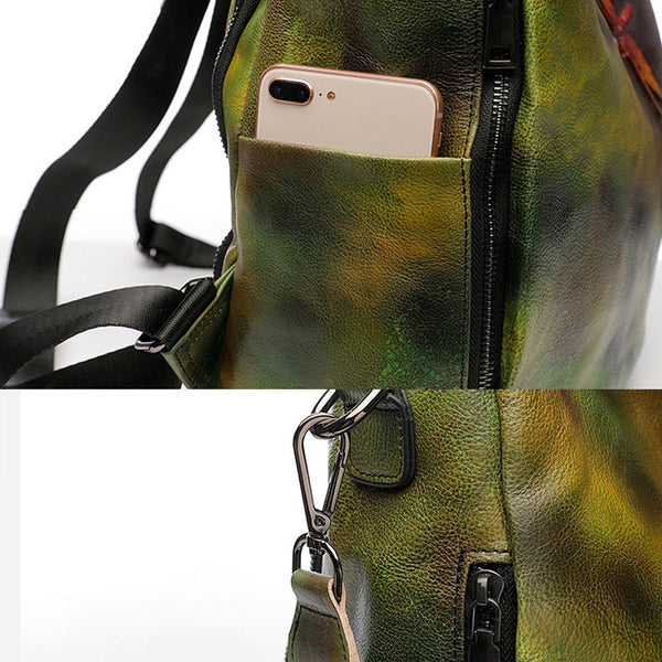 Elegant Womens Green Leather Backpack Bag Dragonfly Purse for Women Designer