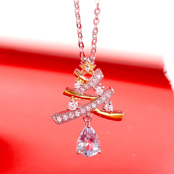 Christmas Tree Blue Aquamarine Silver Pendant Necklace For Women