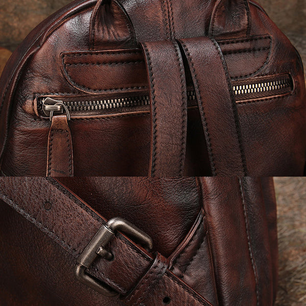 Fahsion Womens Brown Leather Backpack Purse Small Book Bag Purse Genuine Leather
