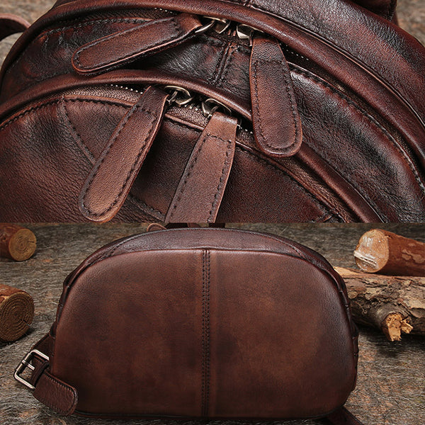 Fahsion Womens Brown Leather Backpack Purse Small Book Bag Purse Handmade