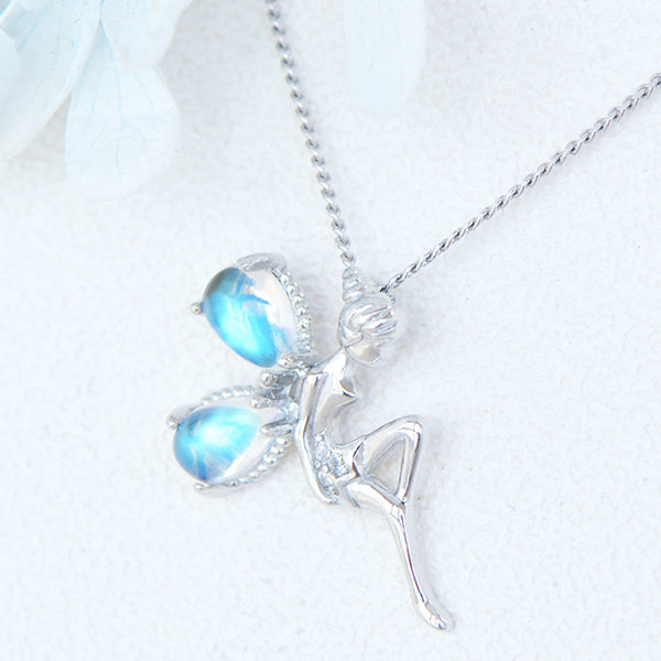 Fairy Blue Moonstone Pendant Necklace White Gold Plated Sterling Silver Necklace For Women Cute