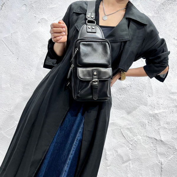 Fashion Women's  Cross Chest Purses Black Leather Sling Bags For Women Chic