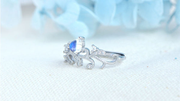 Female Blue Moonstone Engagement Ring White Gold Plated Sterling Silver Moonstone Ring For Women Cute