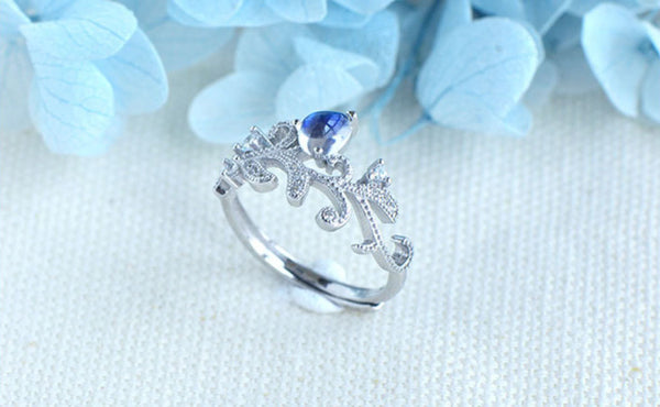Female Blue Moonstone Engagement Ring White Gold Plated Sterling Silver Moonstone Ring For Women Fashion
