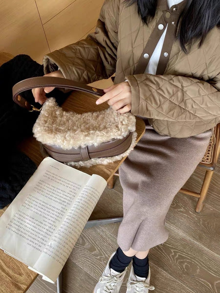 Fluffy Lamb Wool Shoulder Bags Warm Fur Small Handbags For Women Handmade