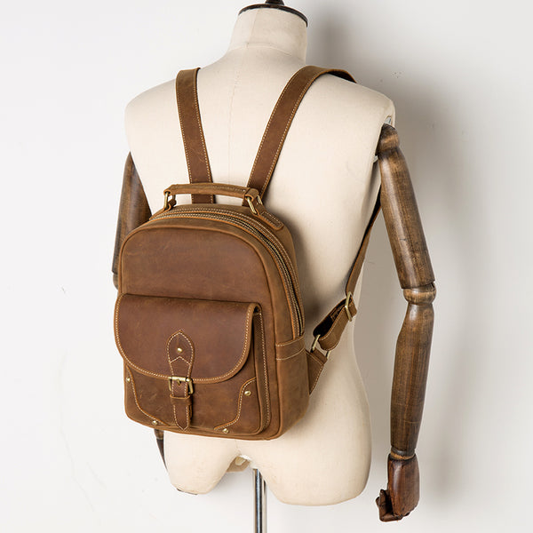 Funky Ladies Small Brown Leather Backpack Bag Bookbag Purse for Women Beautiful