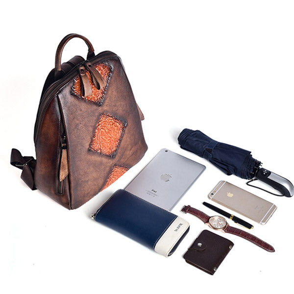 Funky Womens Brown Leather Backpack Handbags Purse Vintage Backpacks for Women cowhide