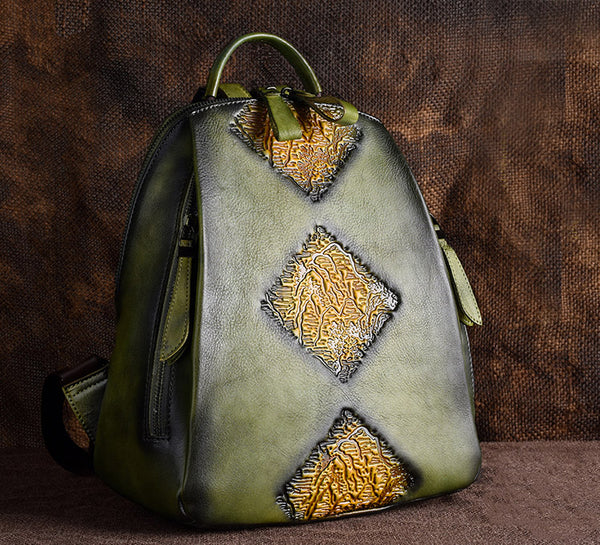 Vintage Womens Green Leather Backpack Purse Small Leather Backpack for Women