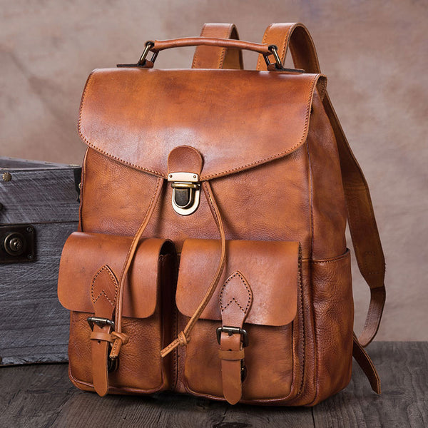 Funky Womens Square Genuine Leather Backpack Purse Laptop Bag for Women Brown