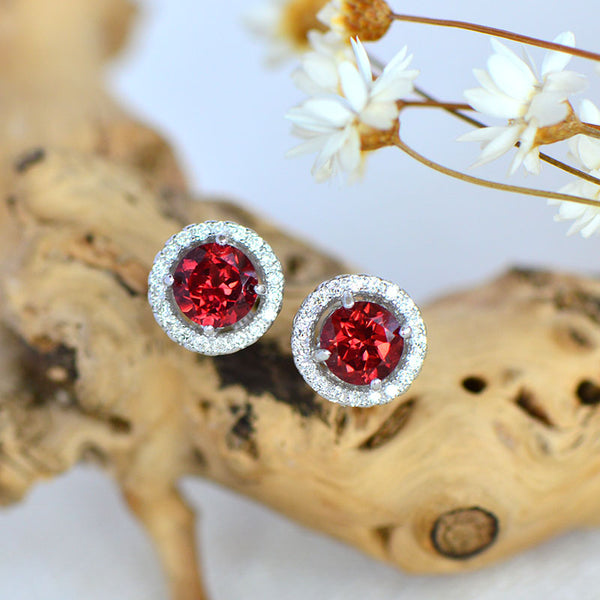 Garnet and Zircon Stud Earrings in White Gold Plated Sterling Silver Handmade Jewelry Women