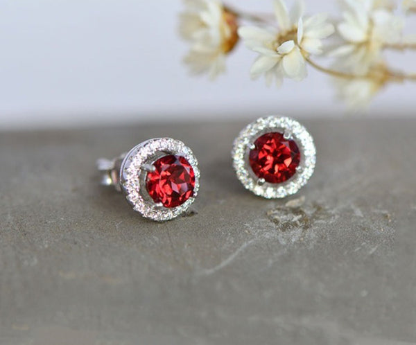 Garnet and Zircon Stud Earrings in White Gold Plated Sterling Silver Handmade Jewelry Women