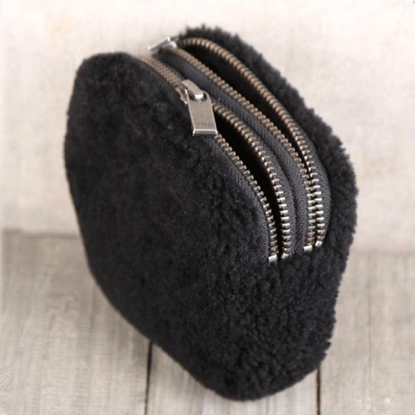 Genuine Leather One Fur Short Zip Wallets Clutches Coin Card Wallet Purse Women Men Minimalism