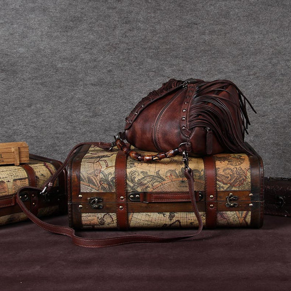 Genuine Leather Vintage Tassels Handbag Crossbody Shoulder Bags Women Coffee