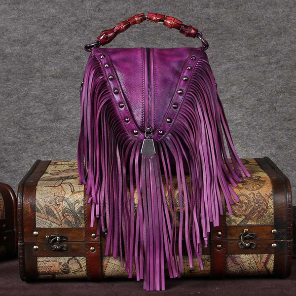Genuine Leather Vintage Tassels Handbag Crossbody Shoulder Bags Women Purple