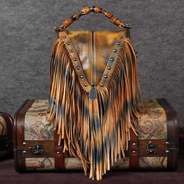 Genuine Leather Vintage Tassels Handbag Crossbody Shoulder Bags Women Yellow
