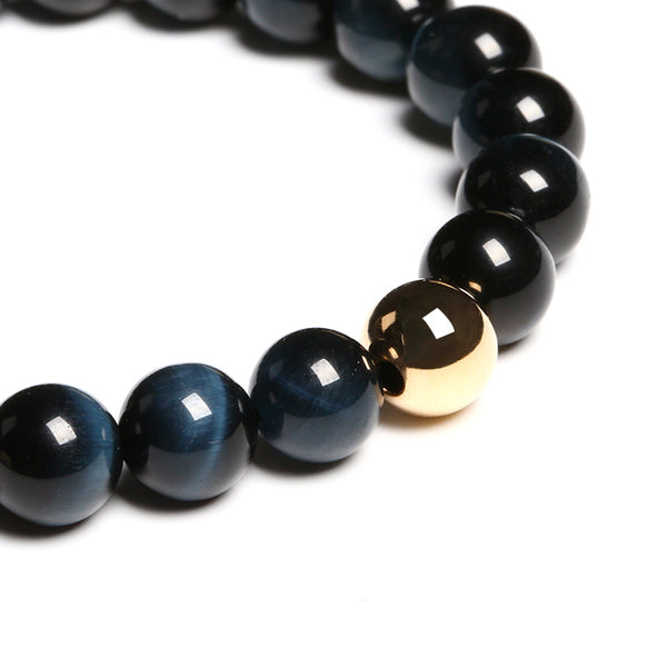 Gold Blue Tigereye Bead Bracelet Handmade Lovers Jewelry Accessories Women Men front sight
