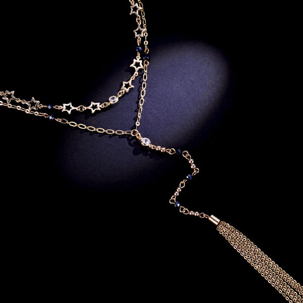 Gold Plated Tassel Fashion Double Strand Y-Necklace Pendant Necklace Jewelry Accessories for Women