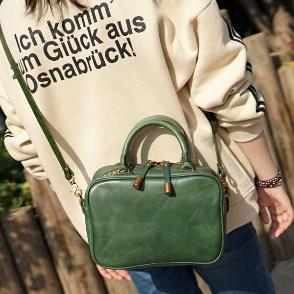 Ladies Small Green Leather Cube Bag