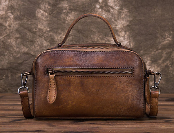 Handmade Embossed Leather Handbags Cross Shoulder Bag For Women Brown