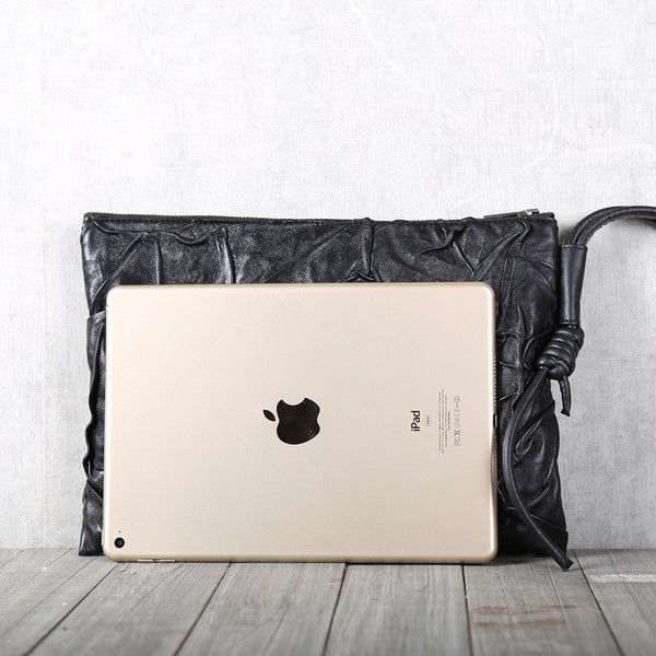 Handmade Genuine Leather Clutches Black Leather Handbags Purse for Women and Men Minimalism unique