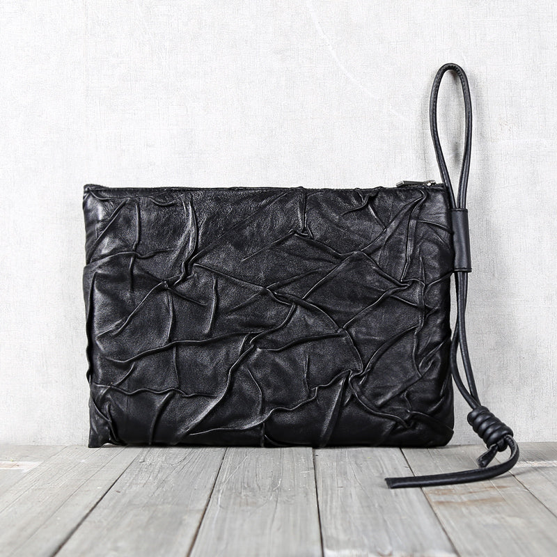Handmade Genuine Leather Clutches Black Leather Handbags Purse for Women and Men