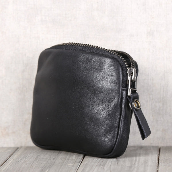 Handmade Genuine Leather Short Zip Wallets Clutches Coin Card Wallet Purse Women Men black