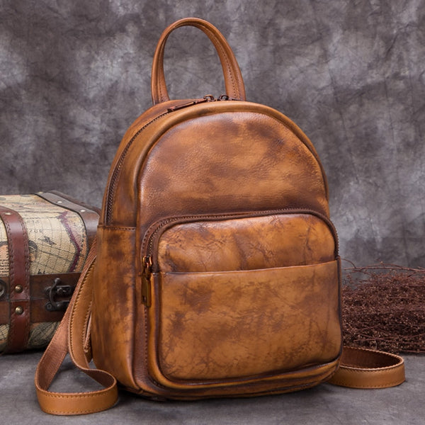 Handmade Genuine Leather Small Backpack Laptop Bags School Bags Purses Women Brown