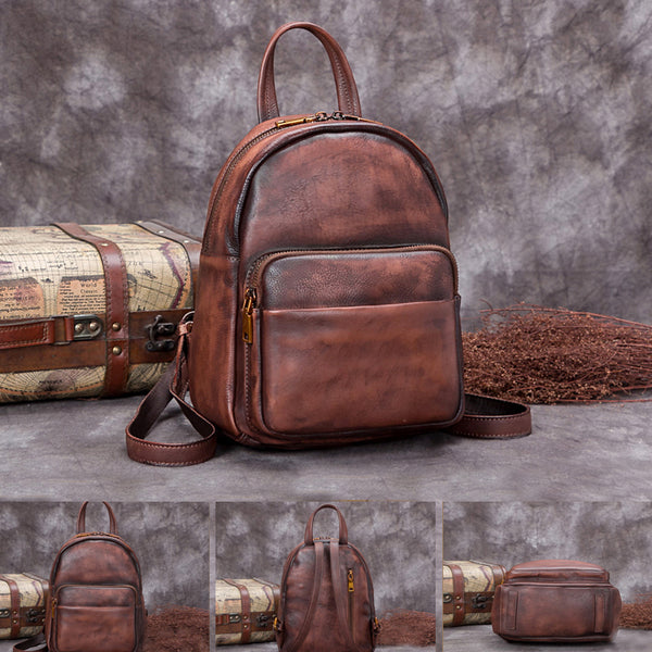 Handmade Genuine Leather Small Backpack Laptop Bags School Bags Purses Women fashionable