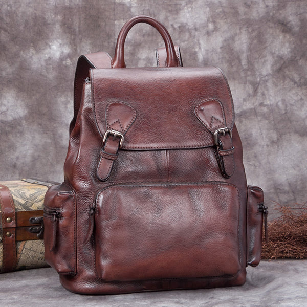 Handmade Genuine Leather Vintage Backpack Laptop School Bags Purses Women Coffee