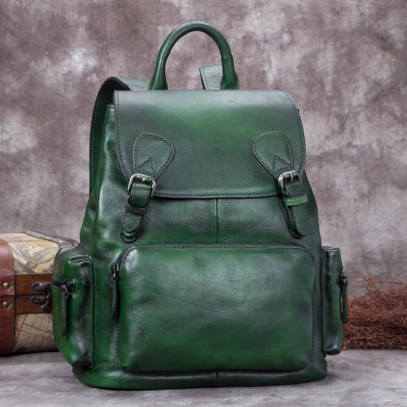 Handmade Genuine Leather Vintage Backpack Laptop School Bags Purses Women Green