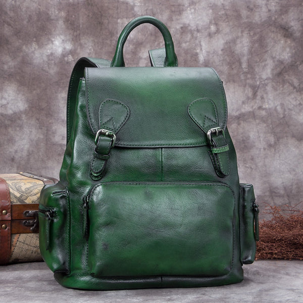Handmade Genuine Leather Vintage Backpack Laptop School Bags Purses Women Green