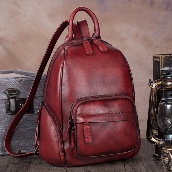 Handmade Genuine Leather Vintage Backpacks Handbag School bags Purses Women Red