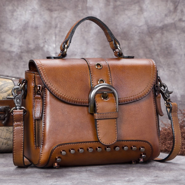 Handmade Genuine Leather Vintage Handbag Crossbody Shoulder Bags Purses Women Brown